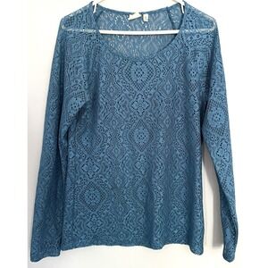 Mudd Shirt Womens XL Teal Blue‎ Crochet Lace Sheer Long Sleeve Scoop Neck Blouse